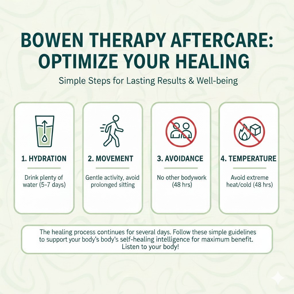 Aftercare Infographic: Icons for Hydration, Movement, Avoiding other therapies, and Temperature restrictions