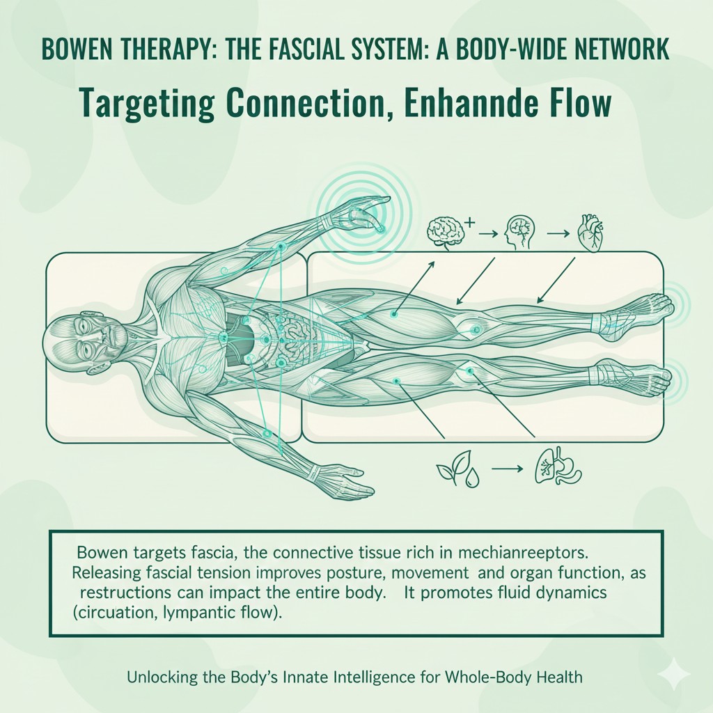 Illustration of the body's interconnected fascial network highlighting tension release