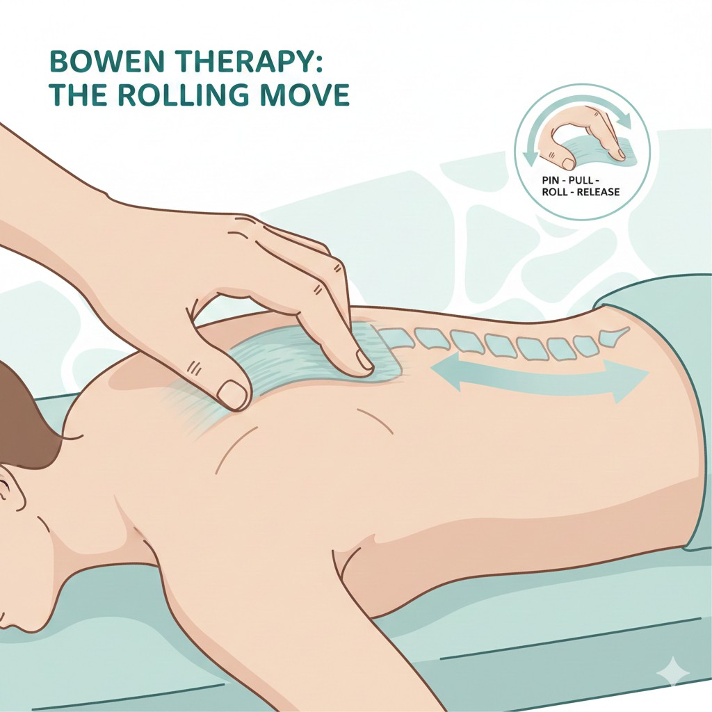 Illustration of a Bowen Therapy rolling move being performed with thumb and finger